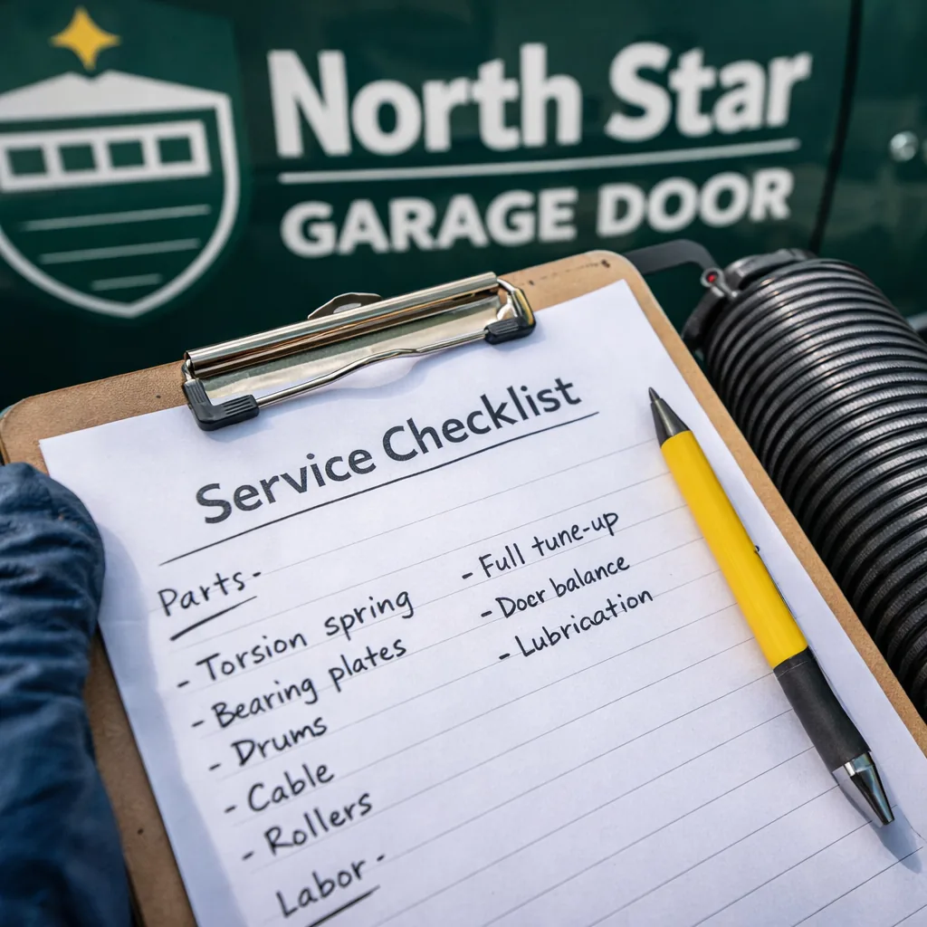 Close-up of a technician's written service checklist on a clipboard next to a new torsion spring, listing parts and labor as plain line items with absolutely no prices, no dollar signs, no numbers and no totals anywhere on the paper.