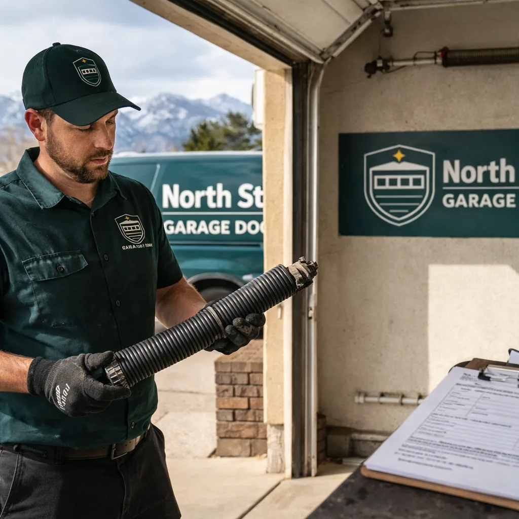 A North Star technician holding a broken torsion spring coil next to an open garage door, with a clipboard quote sheet visible nearby.