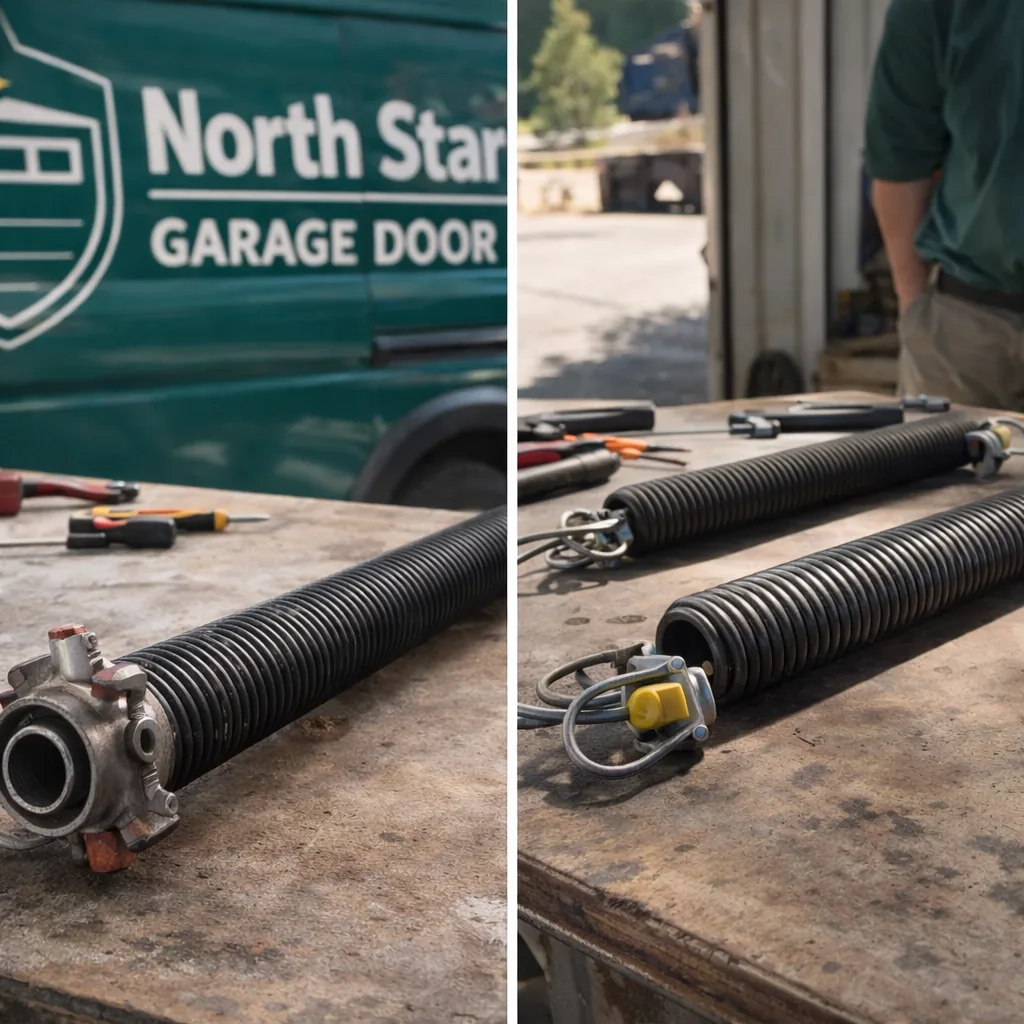 Side-by-side comparison of a torsion spring assembly and an extension spring assembly laid out on a workbench.