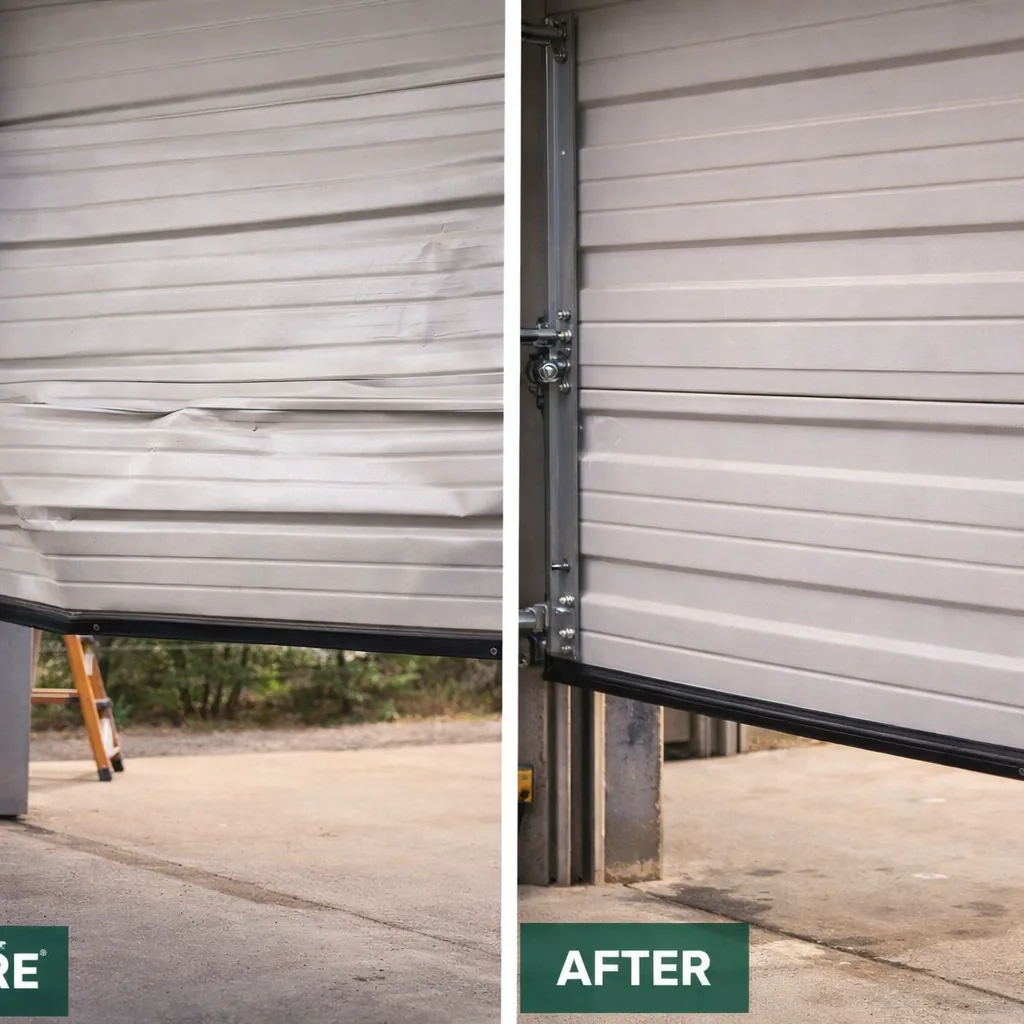 Side-by-side of a dented, off-track commercial steel bay door before repair and the same door after repair, running level with new rollers and a fresh seal.