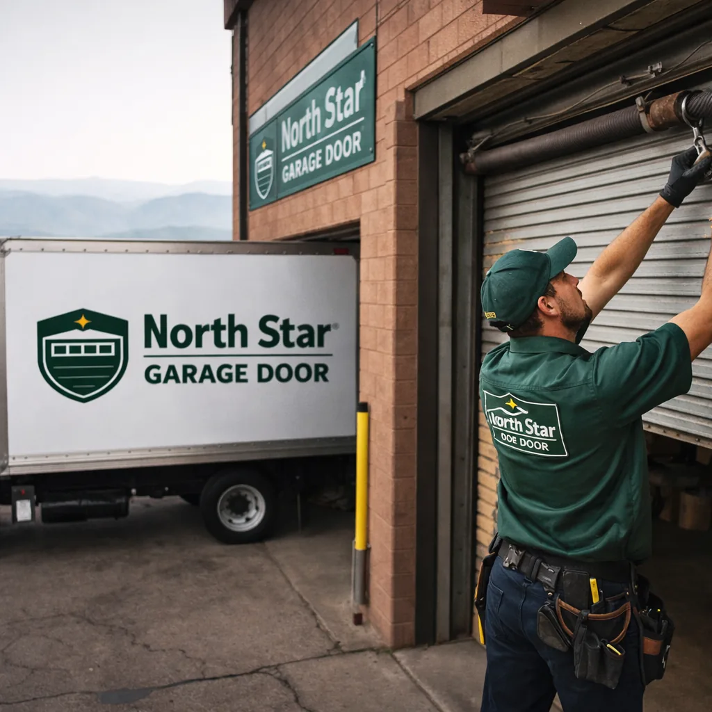 A North Star technician in a branded uniform repairing a rolling steel bay door at a Colorado Springs warehouse loading dock, with a box truck backed in beside it.
