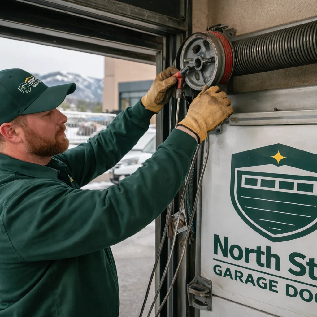 A technician inspecting a heavy-duty torsion spring and cable drum on a large commercial sectional door at a retail or warehouse bay in Colorado Springs.