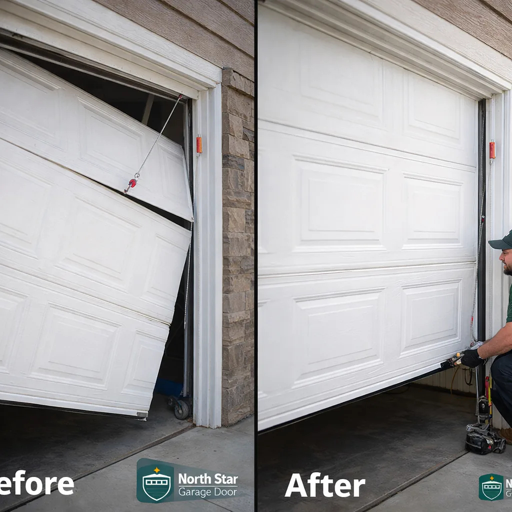 Side-by-side of a garage door hanging crooked with a snapped cable versus the same door level and running smoothly after both cables are replaced.