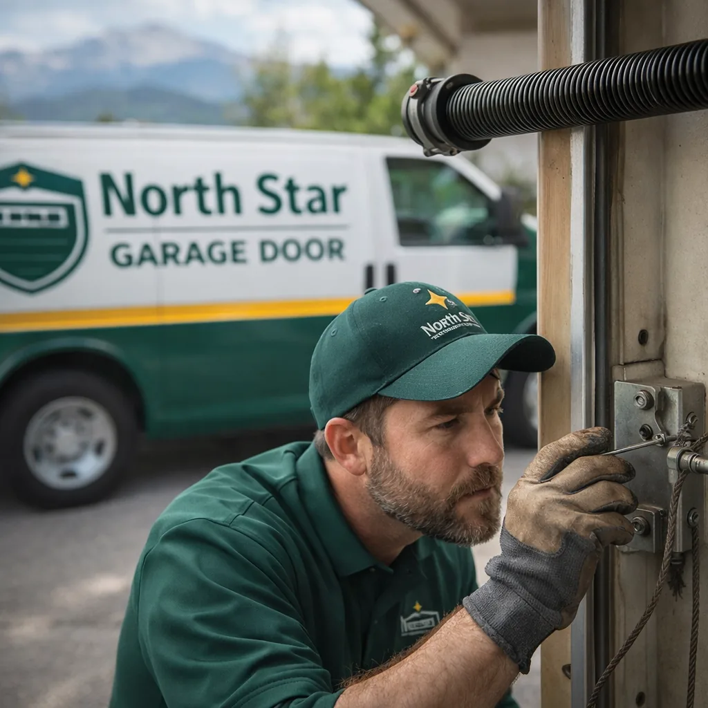 Close-up of a North Star technician inspecting a frayed garage door lift cable near the bottom bracket, torsion spring visible above.
