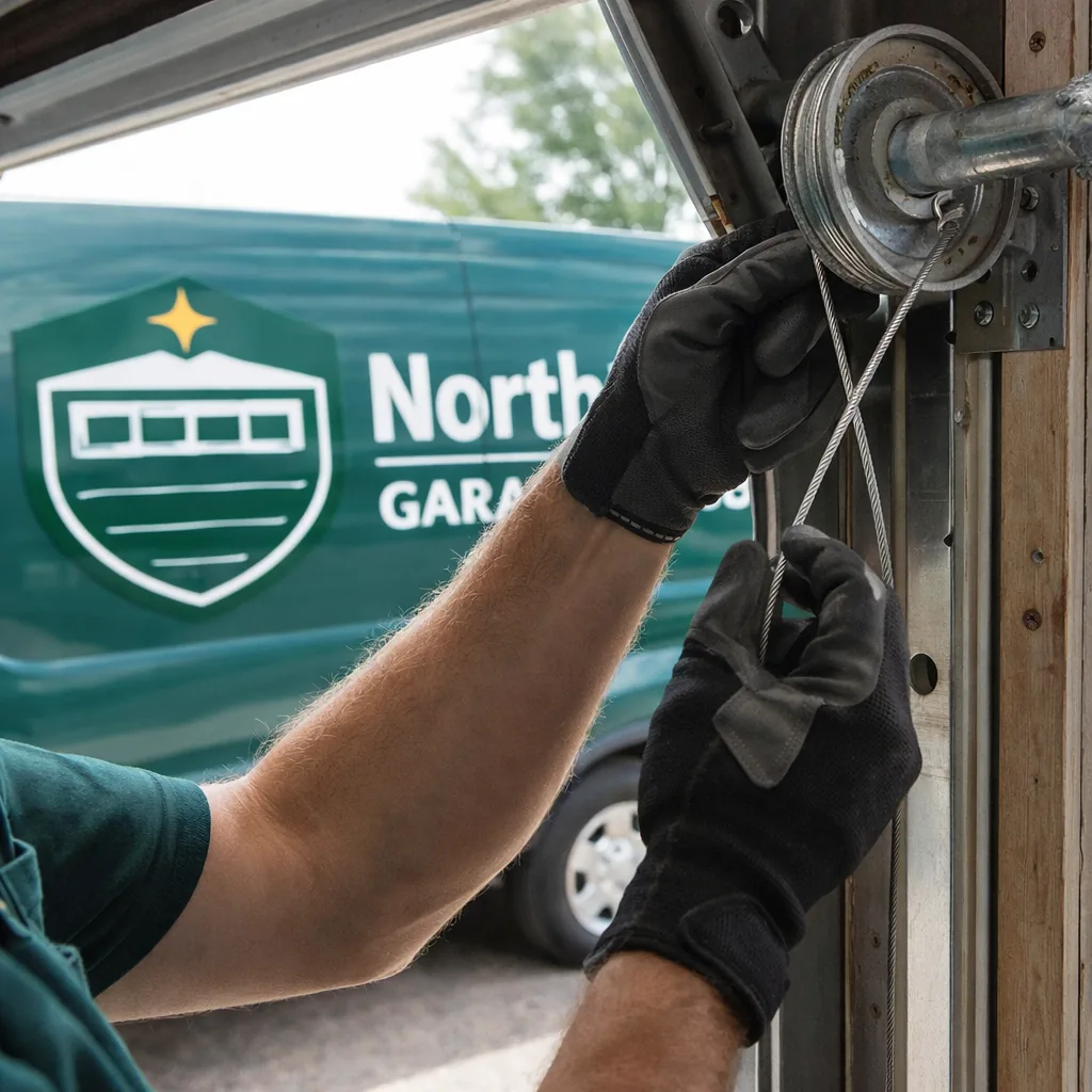 A technician's hands threading a new lift cable through the drum groove at the top corner of an open garage door track.