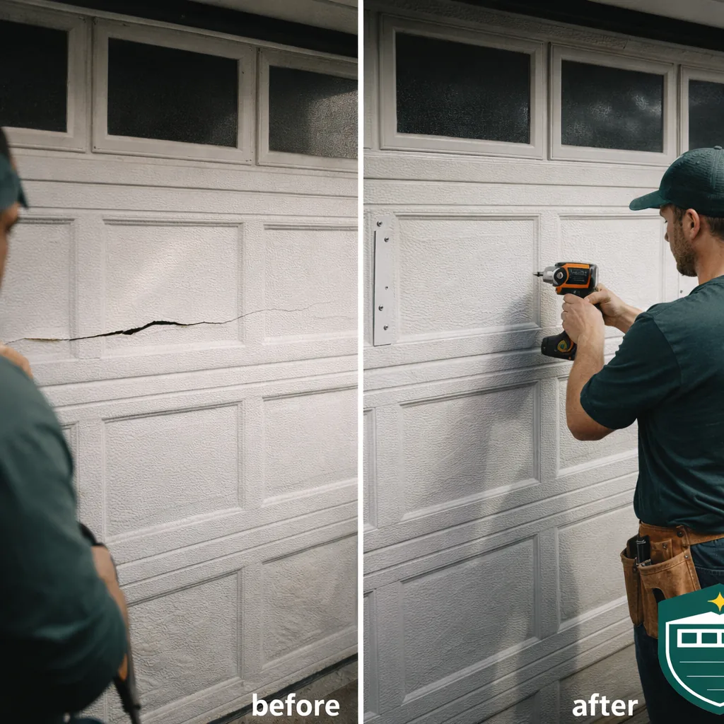 Side-by-side of a garage door panel before repair, showing a visible crack, and after, with the section reinforced and repainted to match.