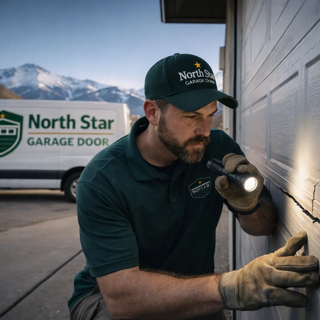 A North Star technician examining a cracked steel garage door panel on a Colorado Springs home, close to the surface with an inspection light.
