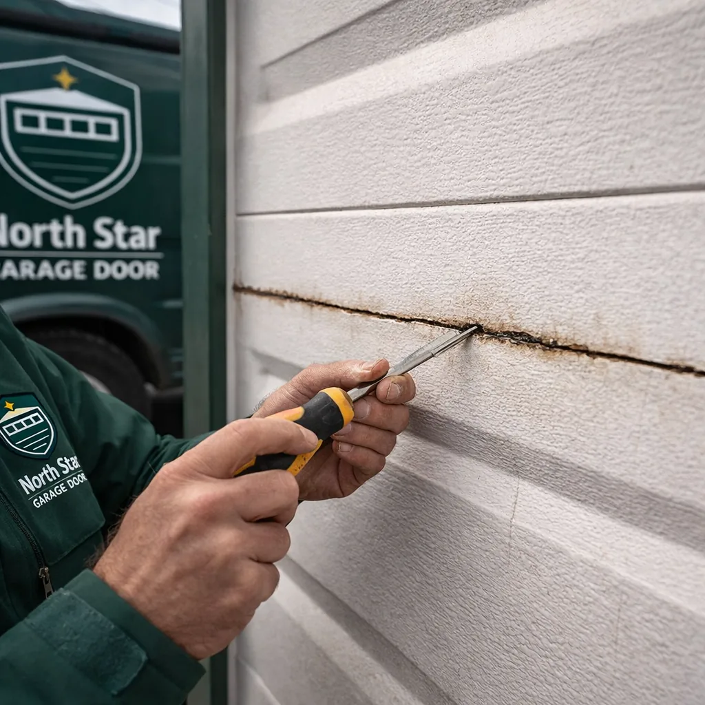 Close-up of a hairline crack running along a garage door panel seam, showing early moisture staining around the edges.