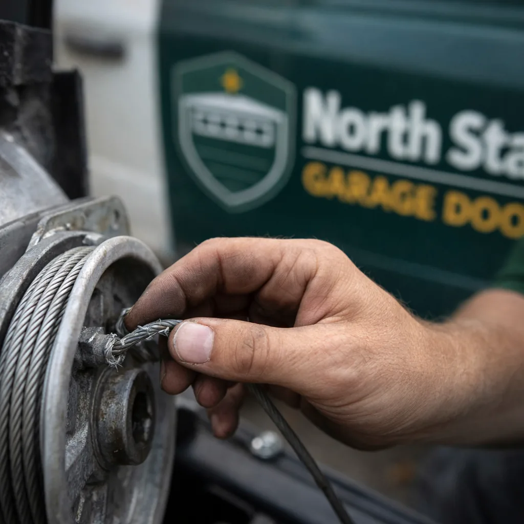 Close-up of a technician's hand checking a garage door lift cable for fraying at the cable drum.