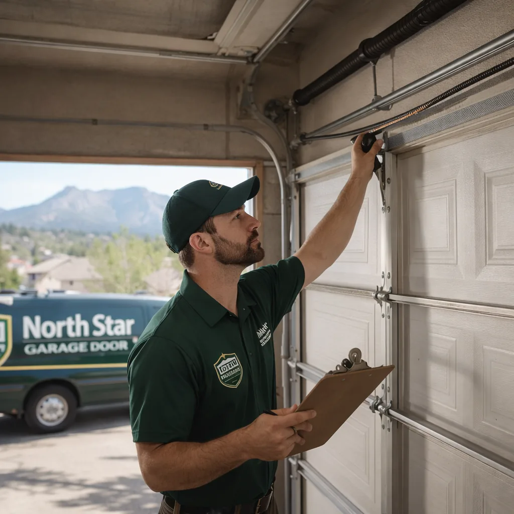A North Star technician with a clipboard inspecting a residential garage door's springs, cables, and track in a Colorado Springs garage.