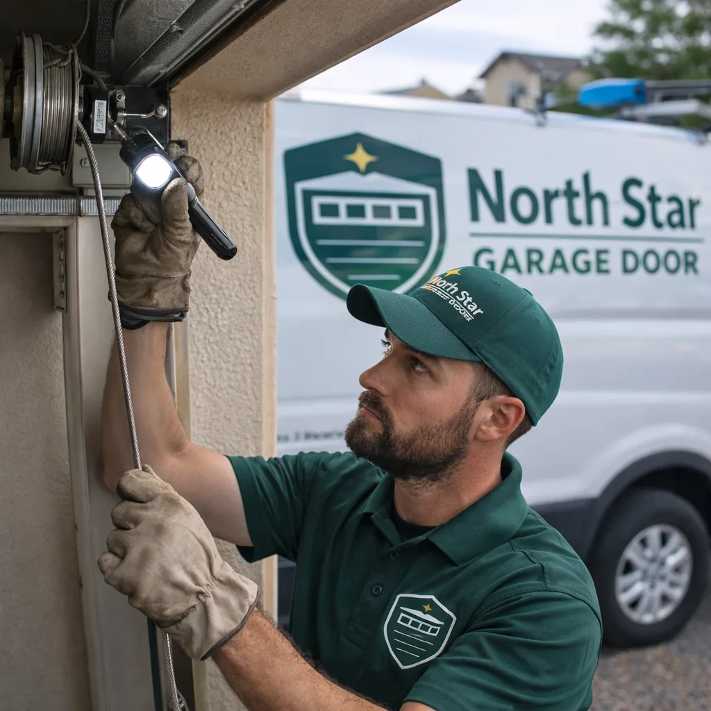 A technician using a flashlight to inspect the cable drum and lift cable on a residential garage door.