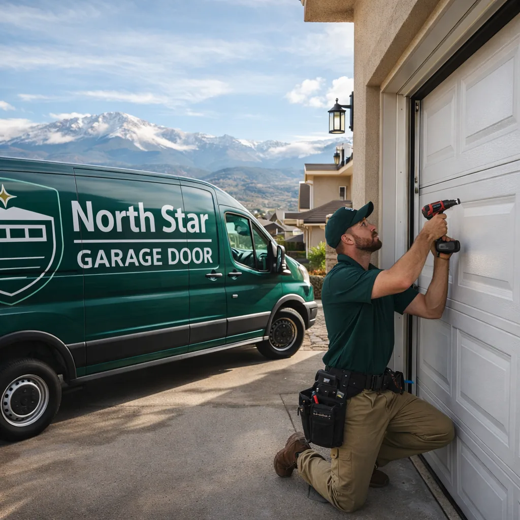 A North Star technician finishing installation of a new steel sectional garage door on a Colorado Springs home, Pikes Peak visible in the distance.