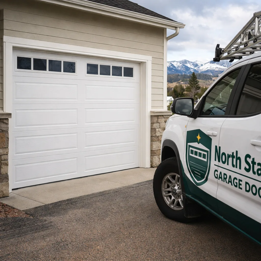 A finished insulated steel sectional garage door installed on a Colorado Springs home, closed and freshly painted trim around the opening.