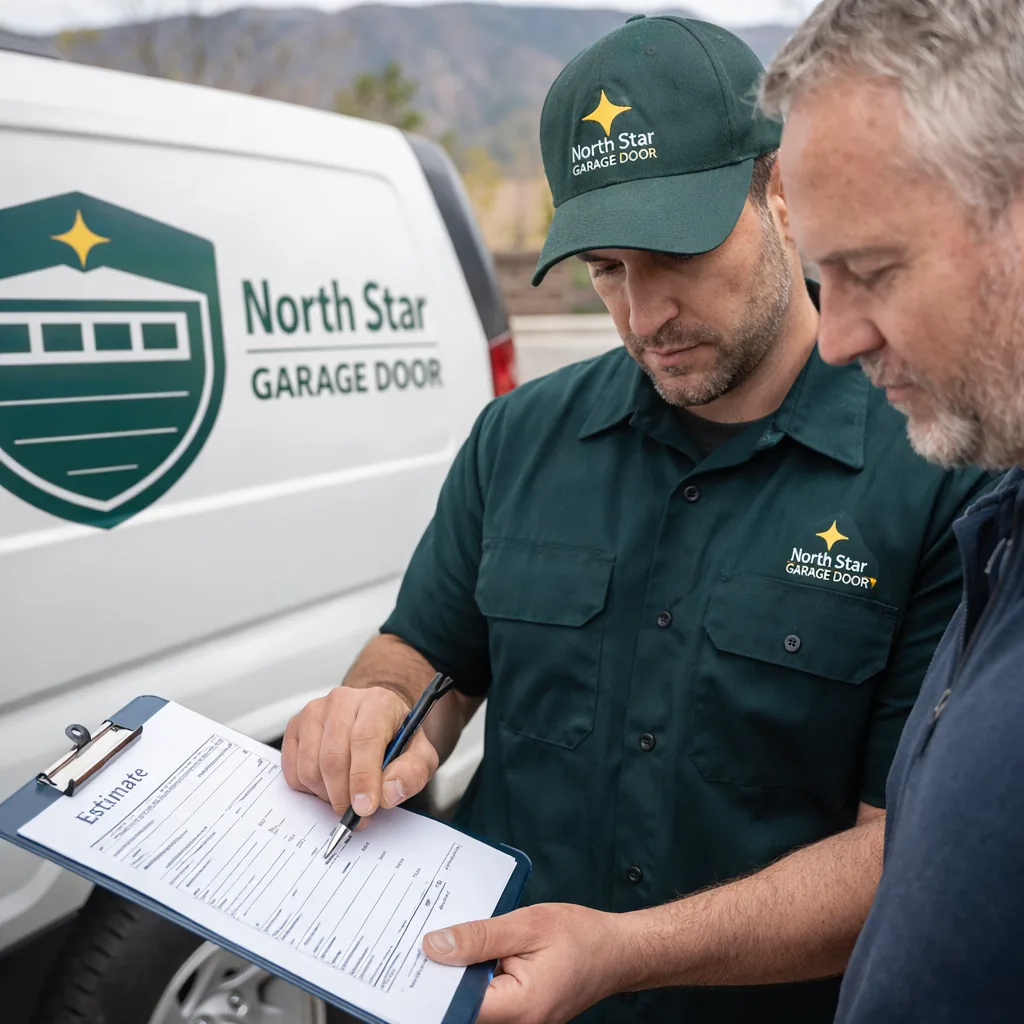 A technician holding a clipboard next to a homeowner in a driveway, both looking over a written installation estimate.