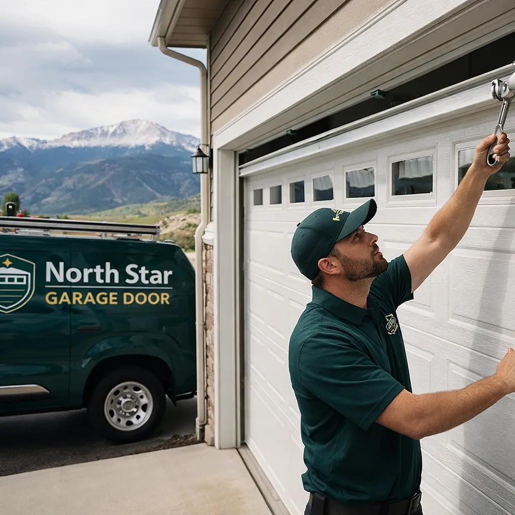 A newly installed steel sectional garage door on a Colorado Springs home, a North Star technician finishing the track adjustment with the mountains visible in the background.