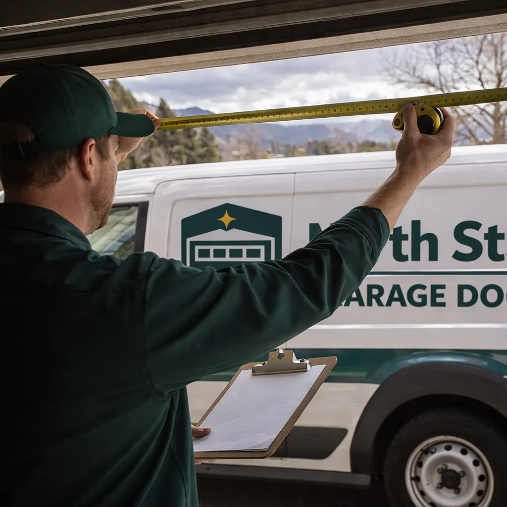 A technician measuring the width of an open garage doorway before ordering a replacement door, tape measure and clipboard in hand.