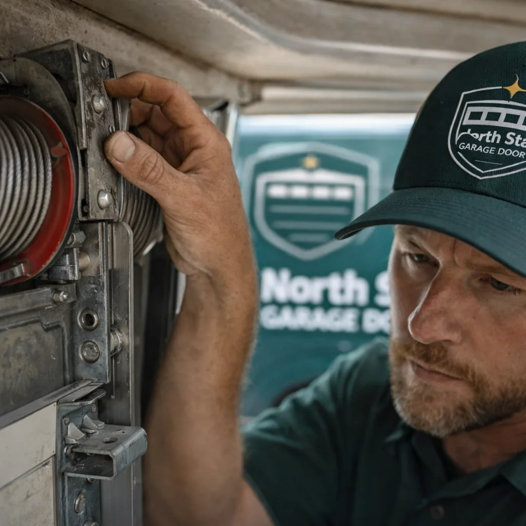 A technician inspecting the header bracket and cable drum at the top of a residential garage door track, checking for looseness.
