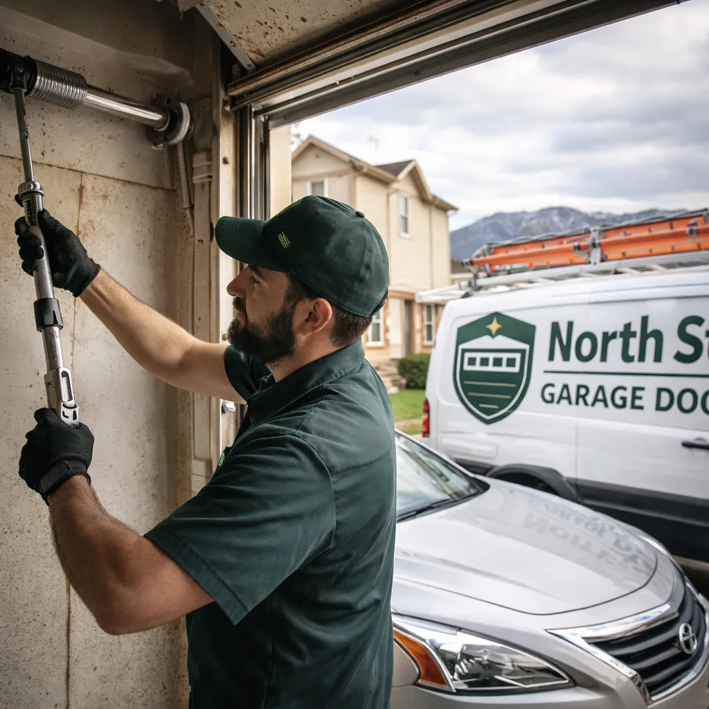 A North Star technician performing a maintenance check on a residential garage door, using a torque wrench near the torsion spring while the homeowner's car sits in the driveway.