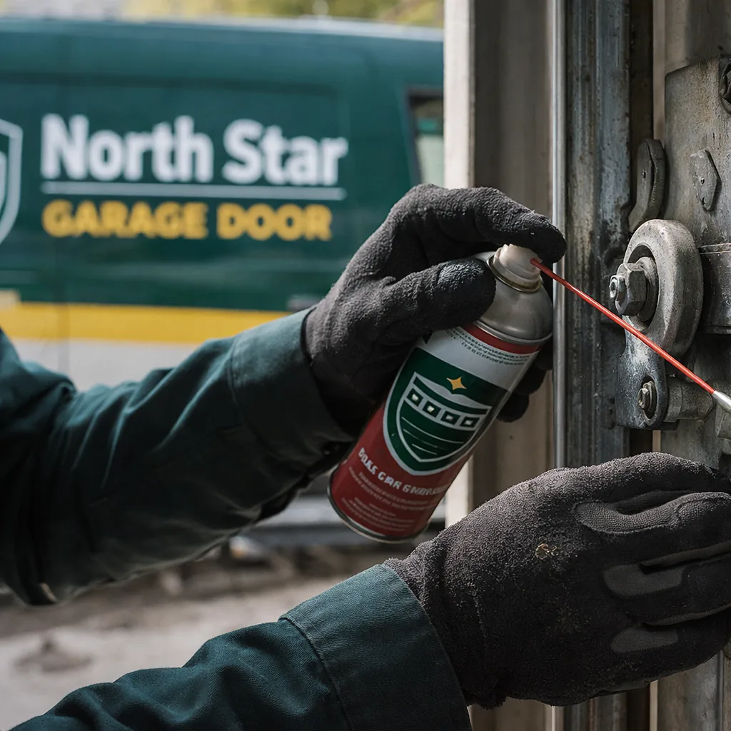 Close-up of a technician's gloved hands lubricating a garage door roller and track during a scheduled maintenance visit.