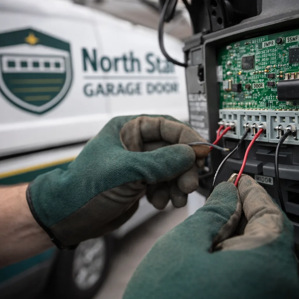 Detail shot of an opener's logic board and photo-eye sensor wiring being checked and tested by a technician.