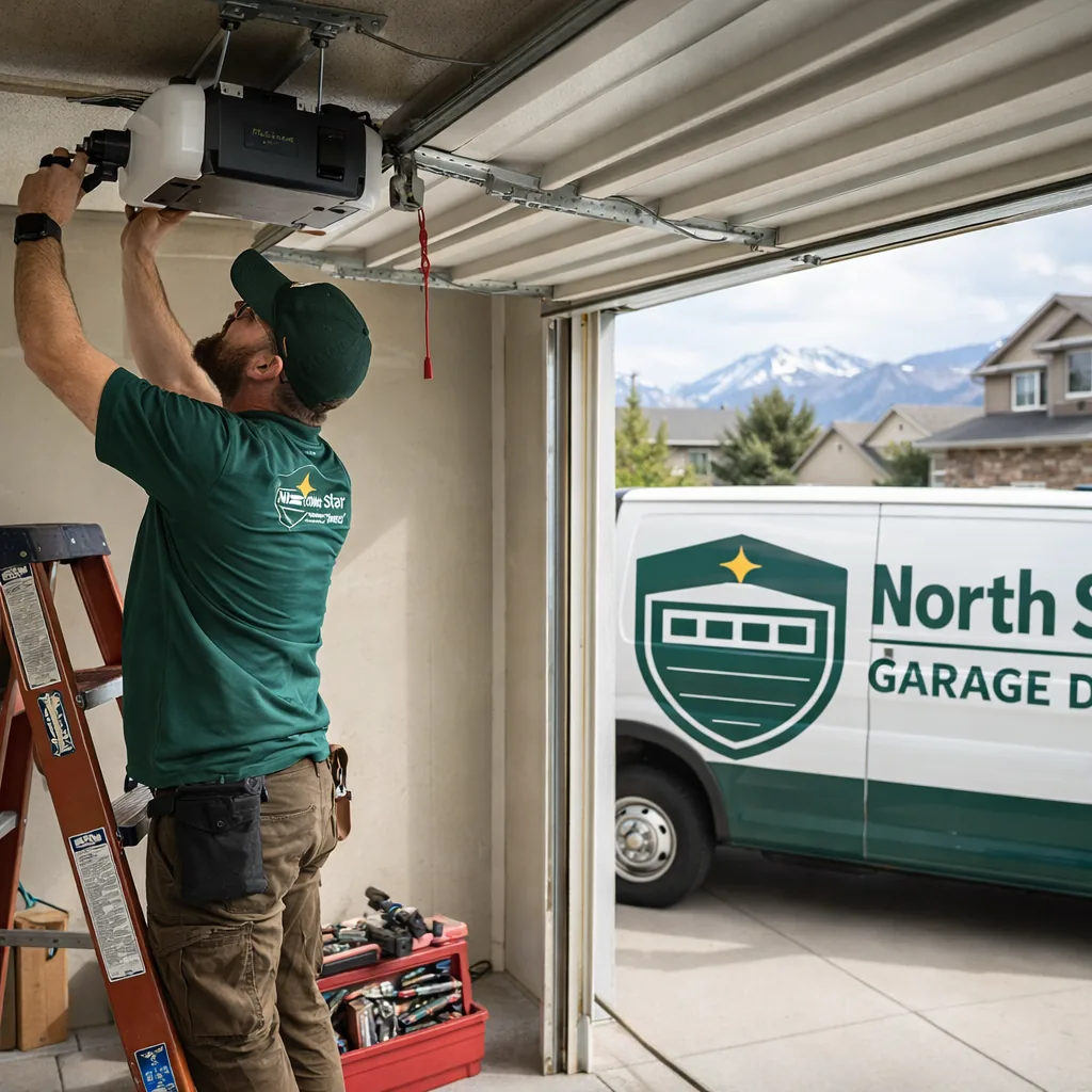 A North Star technician mounting a new garage door opener motor unit to the ceiling of a residential garage, ladder and toolbox visible, Colorado Springs home in the background.