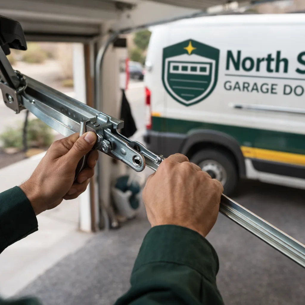 Close-up of a technician's hands connecting the opener trolley arm to a garage door bracket, rail extending toward the motor unit.