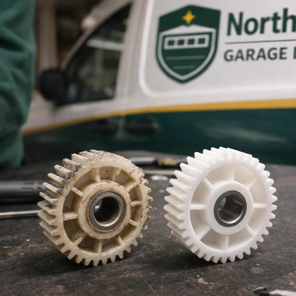 Detail shot of a worn plastic drive gear next to a new replacement gear on a workbench, showing visible wear on the old part.
