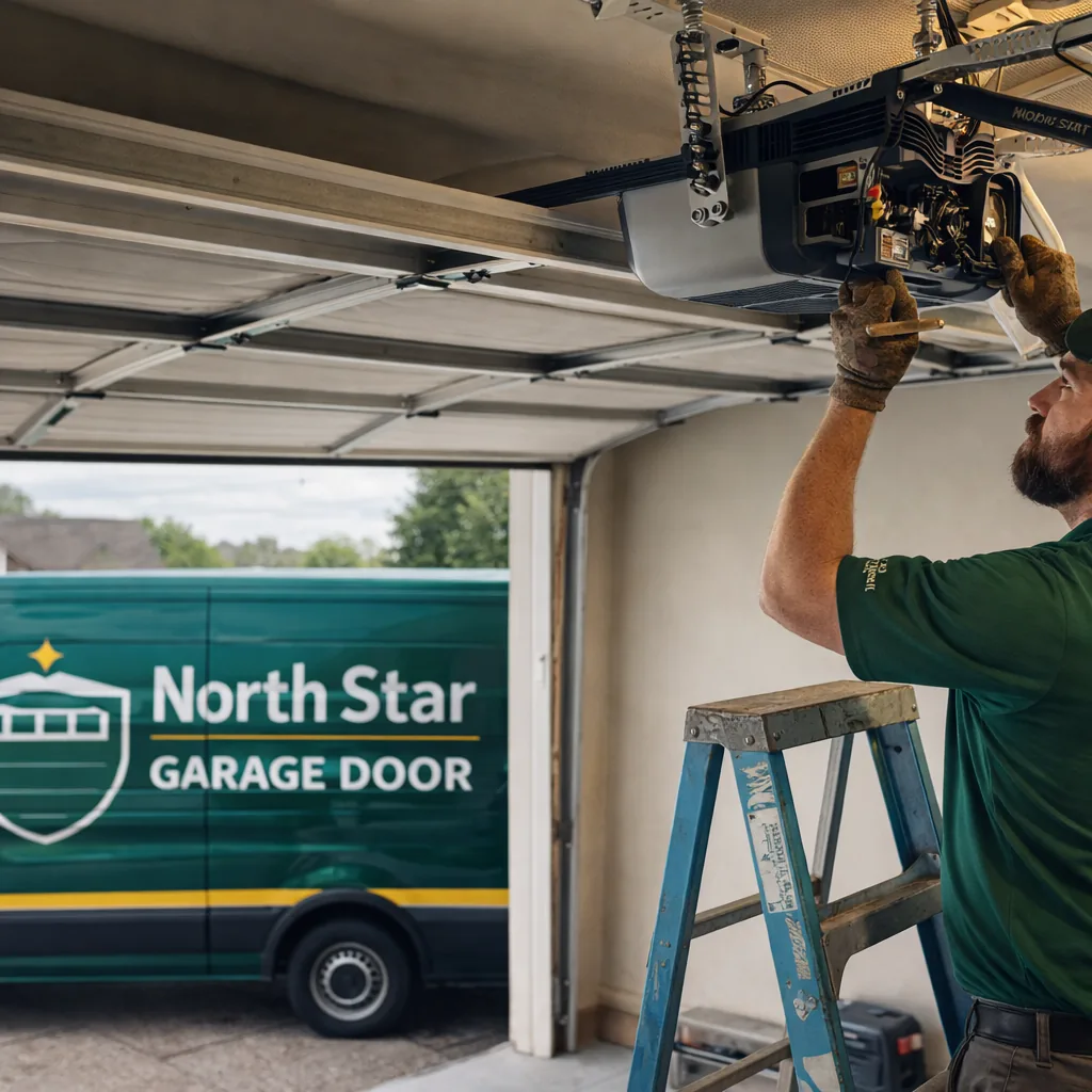 A North Star technician standing on a ladder working on an open garage door opener motor head unit mounted to the ceiling of a residential garage.