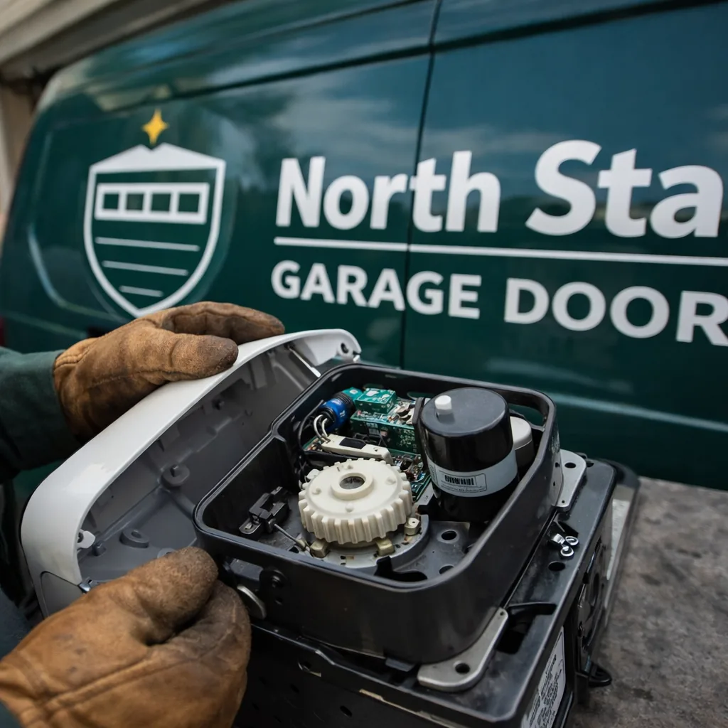 Close-up of a technician's hands removing the cover of a garage door opener motor to inspect the internal drive gear and capacitor.