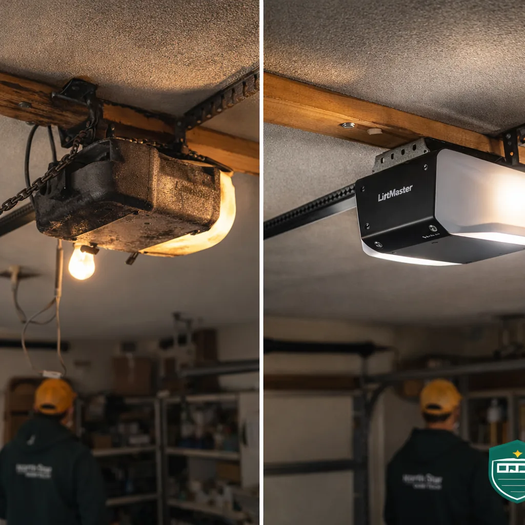 Side-by-side of an old chain-drive opener mounted in a garage before removal, and the same garage after a new quiet belt-drive unit is installed.