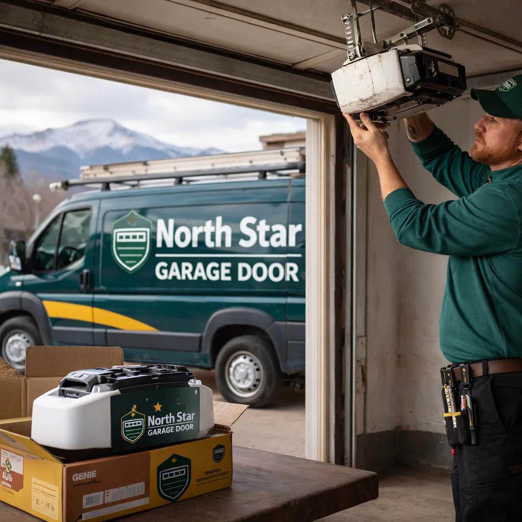 A North Star technician removing an old garage door opener motor unit from the ceiling track, new replacement unit and box staged on the garage floor.