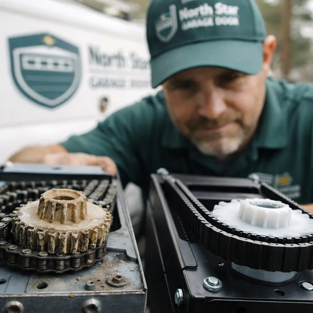 Close-up of a worn opener drive gear and chain assembly next to a new belt-drive replacement unit for comparison.