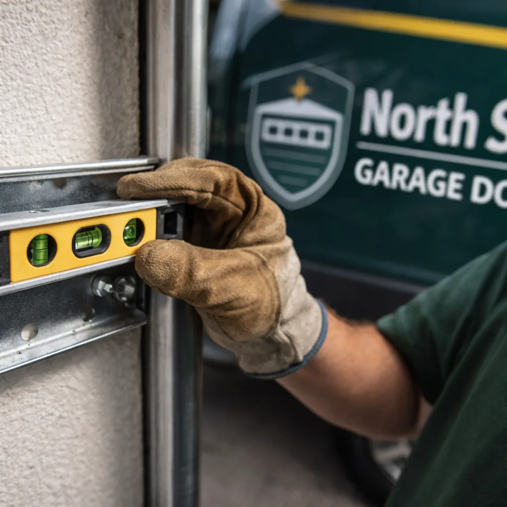 A technician using a small level to check the alignment of a garage door track bracket against the wall.