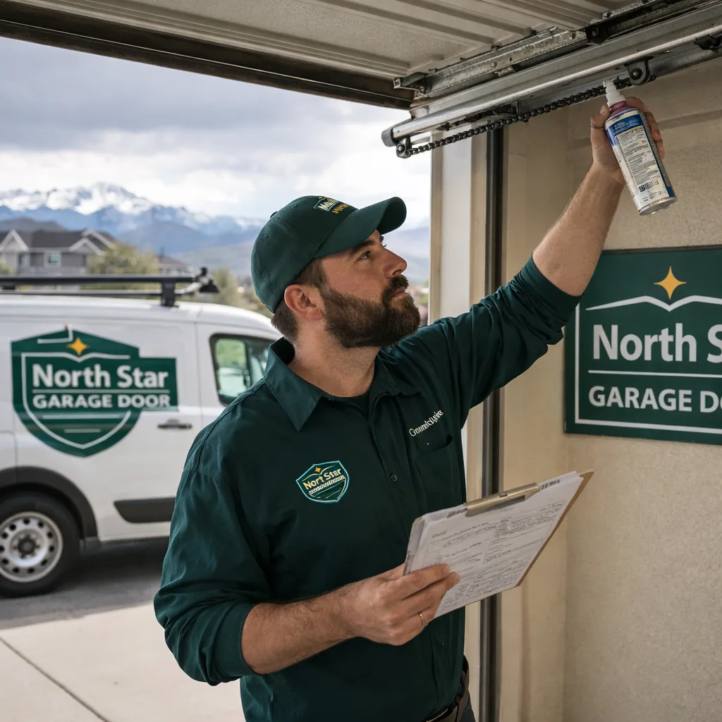 A North Star technician standing beneath an open garage door in a Colorado Springs driveway, applying lubricant to the opener's chain with a service checklist in hand.