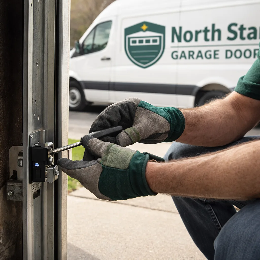 Close-up of a technician's hands realigning a garage door photo-eye safety sensor bracket near the base of the track.