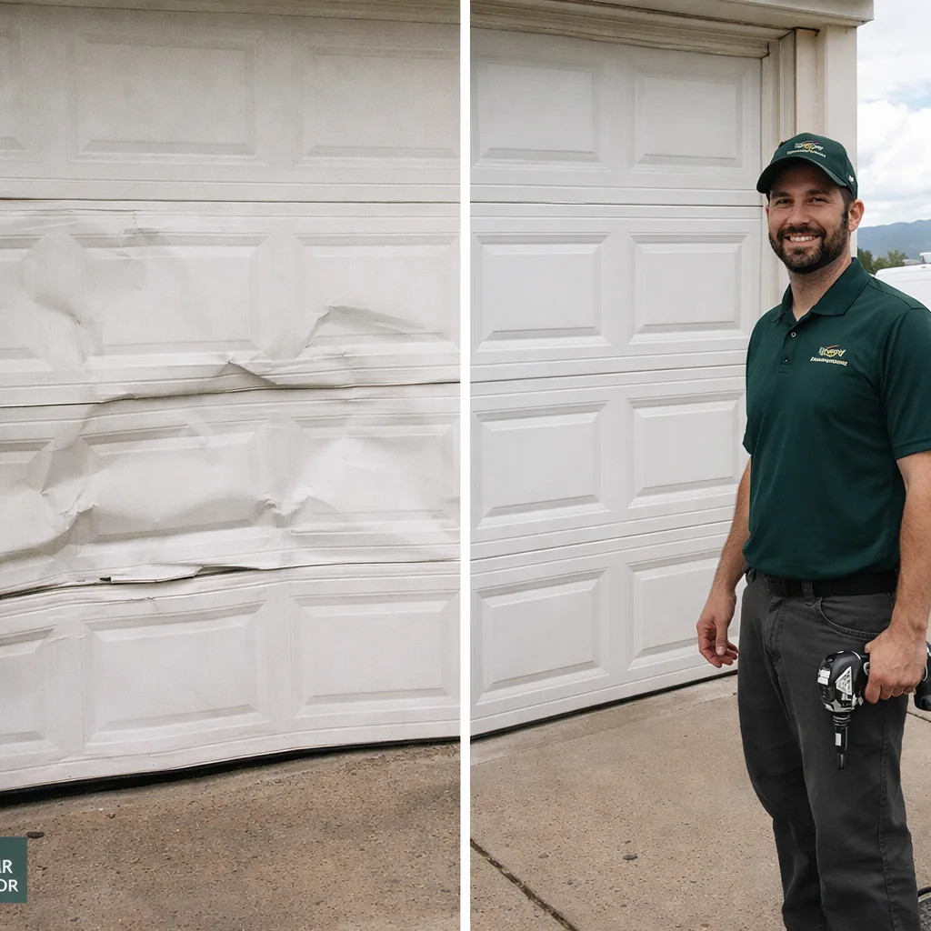 Before and after comparison of a garage door section: heavily dented panel on one side, freshly installed matching panel on the other.