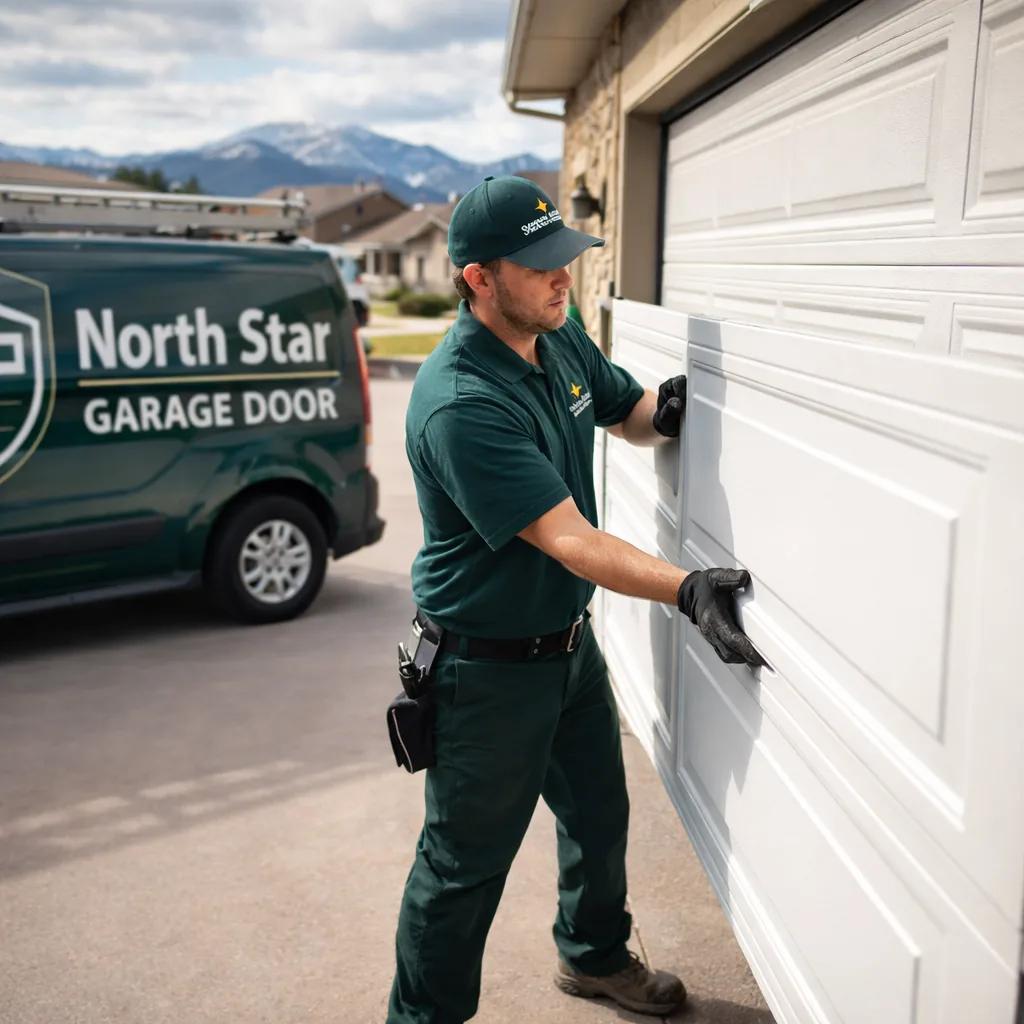 A North Star technician installing a new steel garage door panel section into a sectional door on a residential driveway.