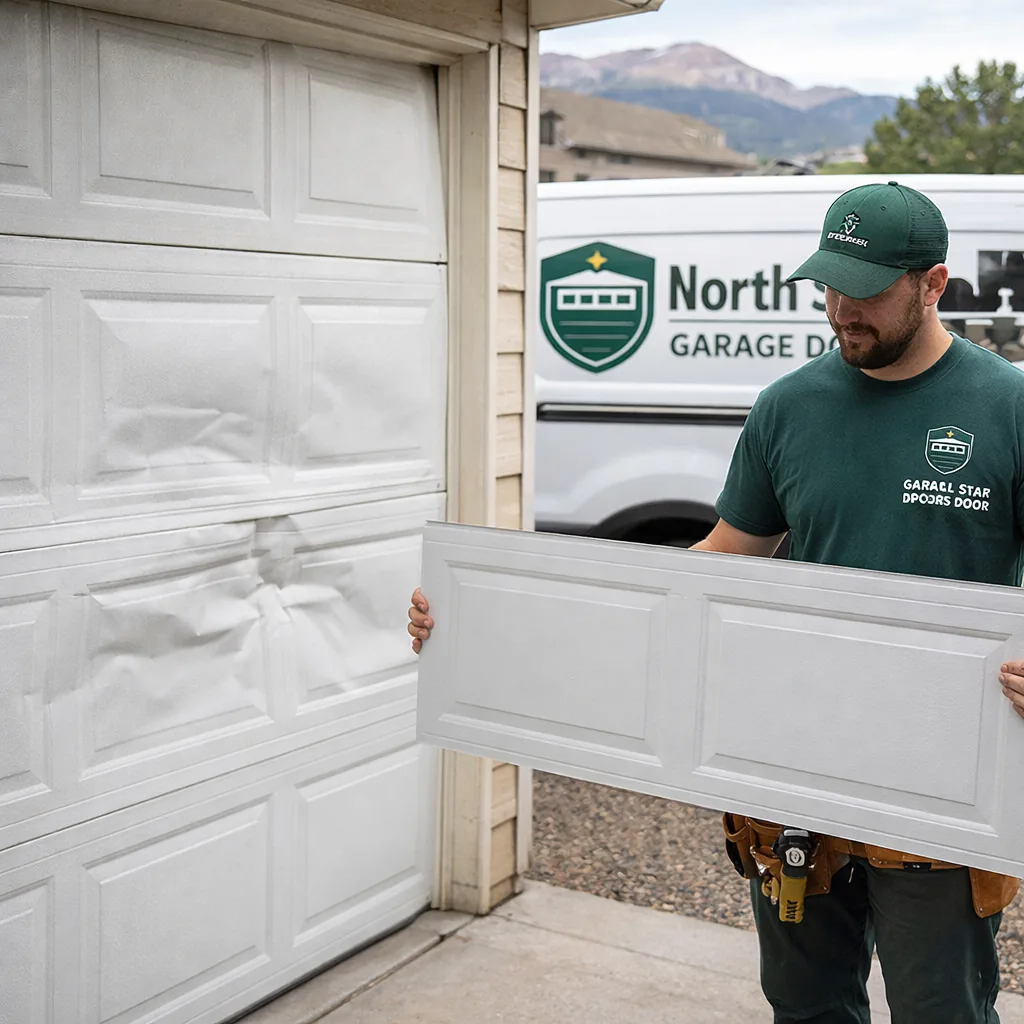 Side-by-side view of a garage door with one visibly dented steel panel next to a technician holding a matching replacement section.
