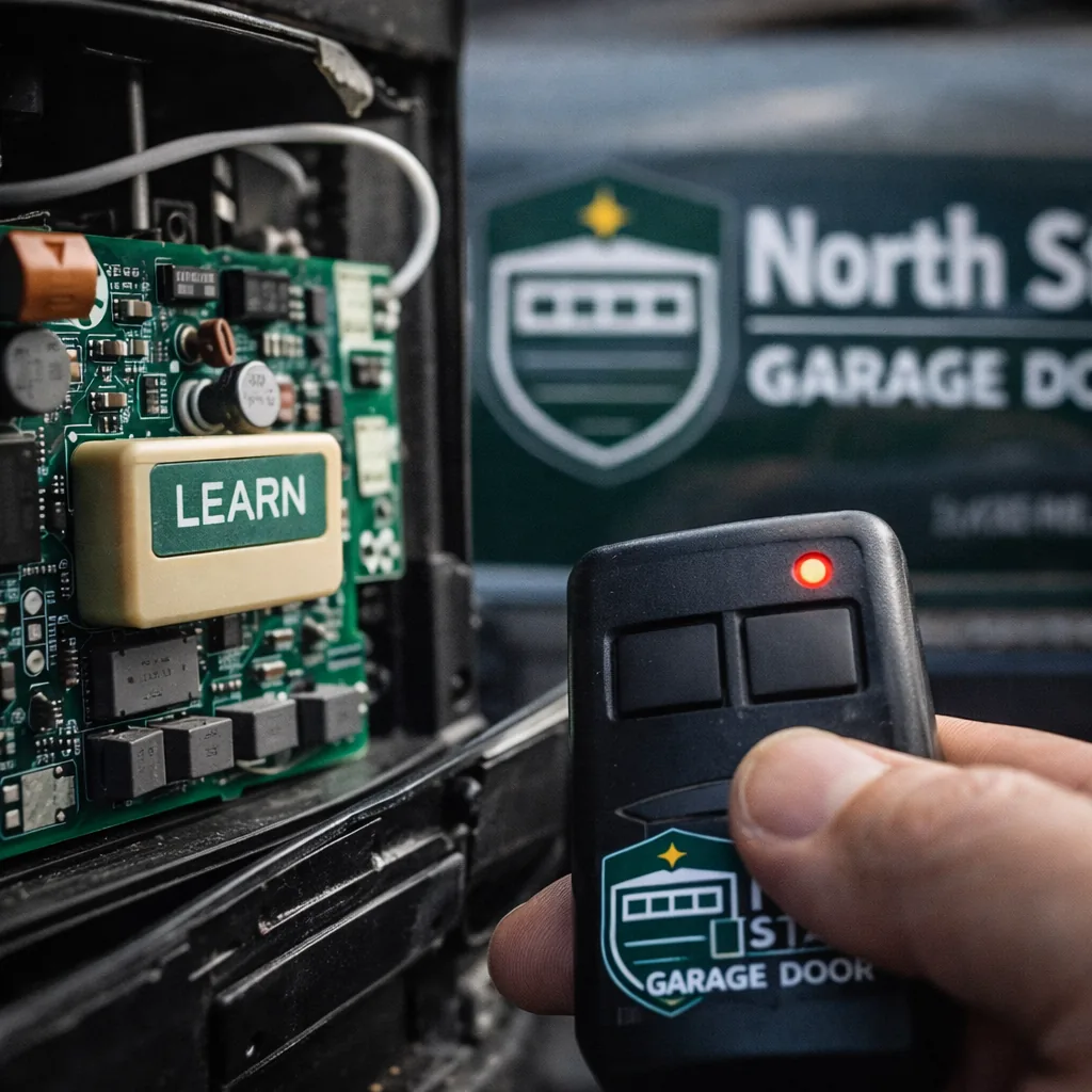 A close-up view of a garage door opener's receiver board and learn button, with a remote held up beside it during programming.