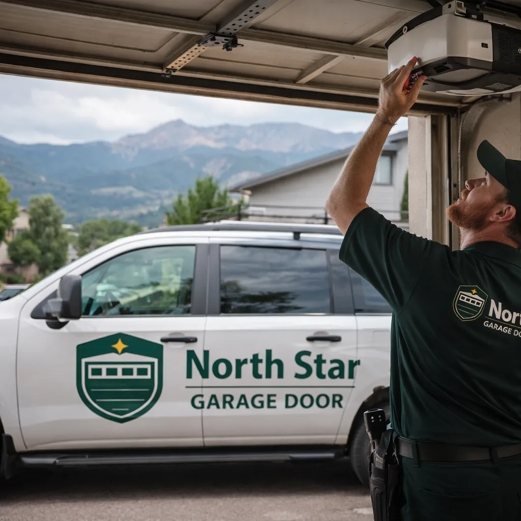 A North Star technician standing at an open garage, programming a remote using the learn button on the opener motor unit mounted to the ceiling.
