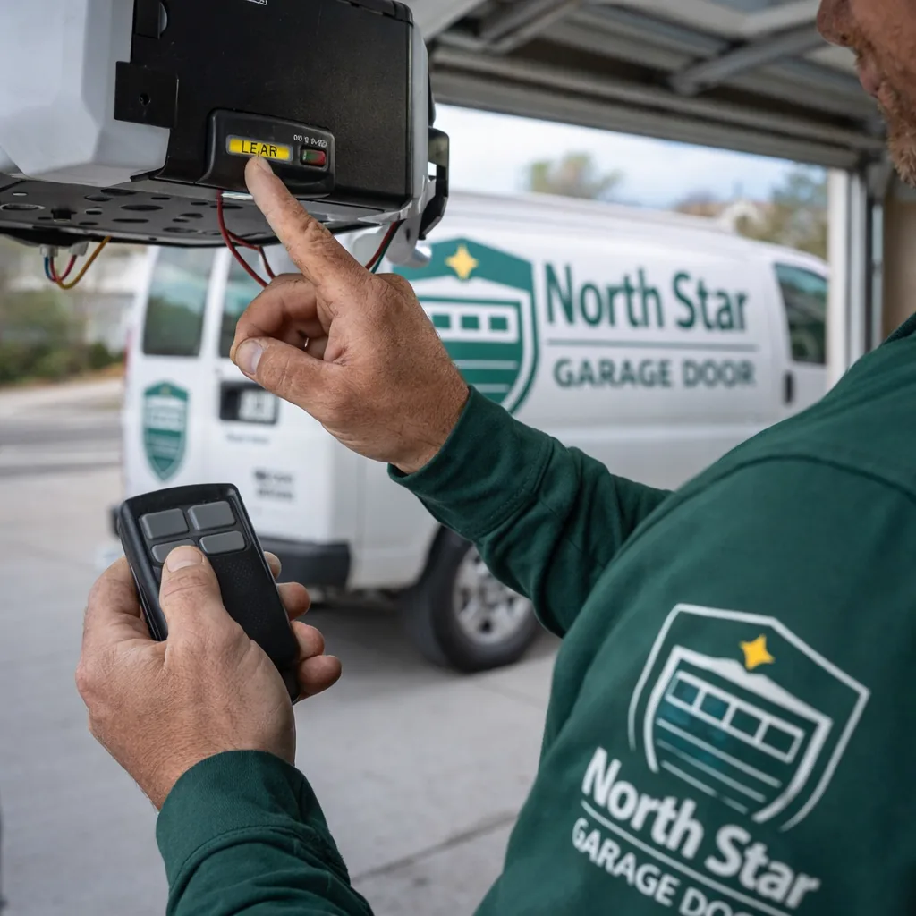 Close-up of a technician's finger pressing the learn button on a garage door opener motor while holding a remote nearby.
