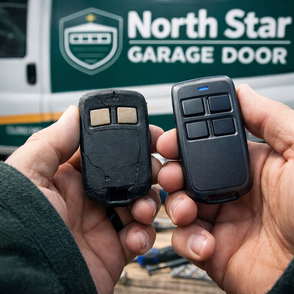 A hand holding an old cracked garage door remote next to a new replacement remote on a workbench.