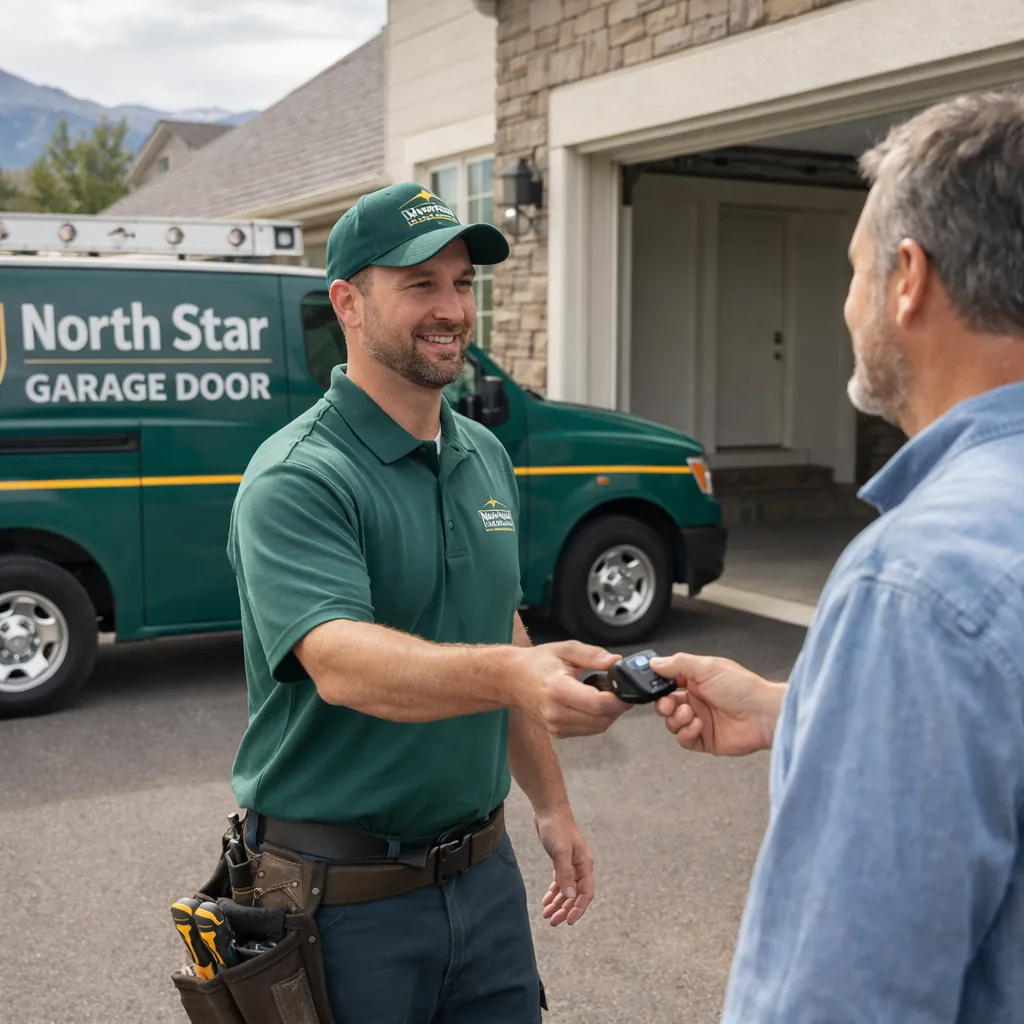 A North Star technician handing a homeowner a new garage door remote at their front driveway, garage door open in the background.