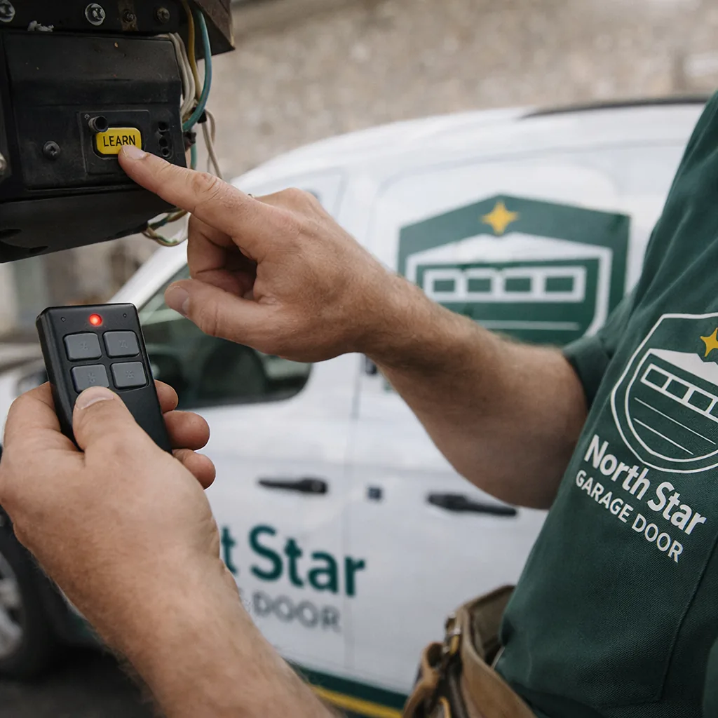 Close-up of a technician's hands programming a new universal garage door remote using the opener's learn button on the motor unit.