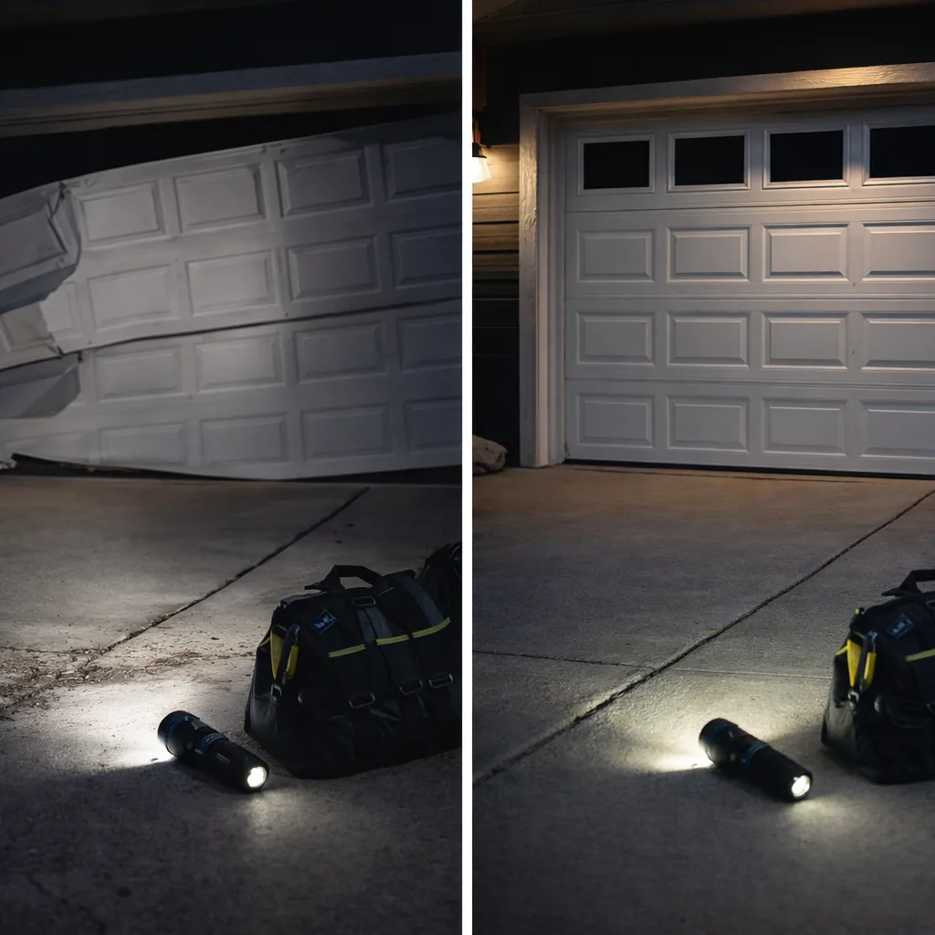 A garage door secured and closed at night after an emergency call, with a technician's flashlight and tool bag still visible near the driveway.