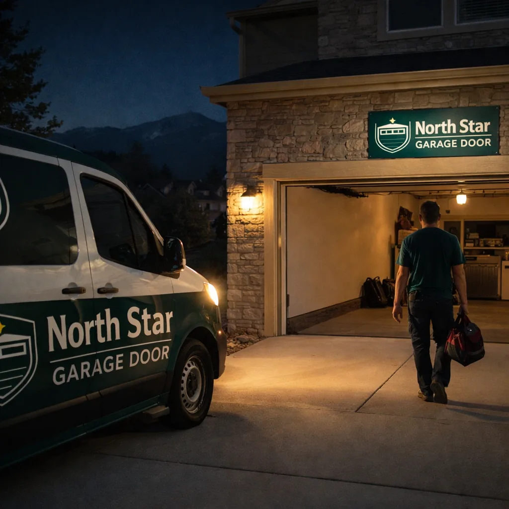 A North Star service van parked in a driveway at night with headlights on, a technician walking toward an open garage door on a Colorado Springs home.