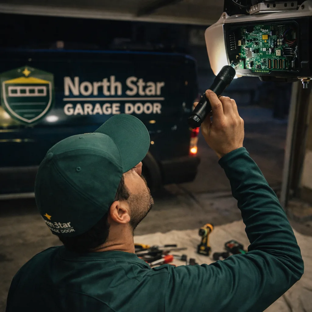 A technician using a flashlight to inspect an opener's logic board on a garage ceiling at night, tools spread on a drop cloth below.
