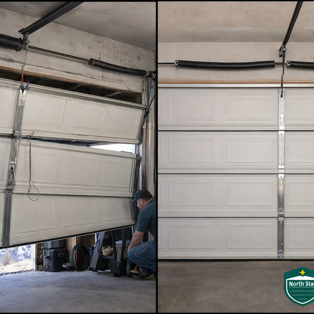 Side-by-side of a garage door before repair (broken spring, cable off the drum, door sagging) and after (level, springs replaced, cables seated).