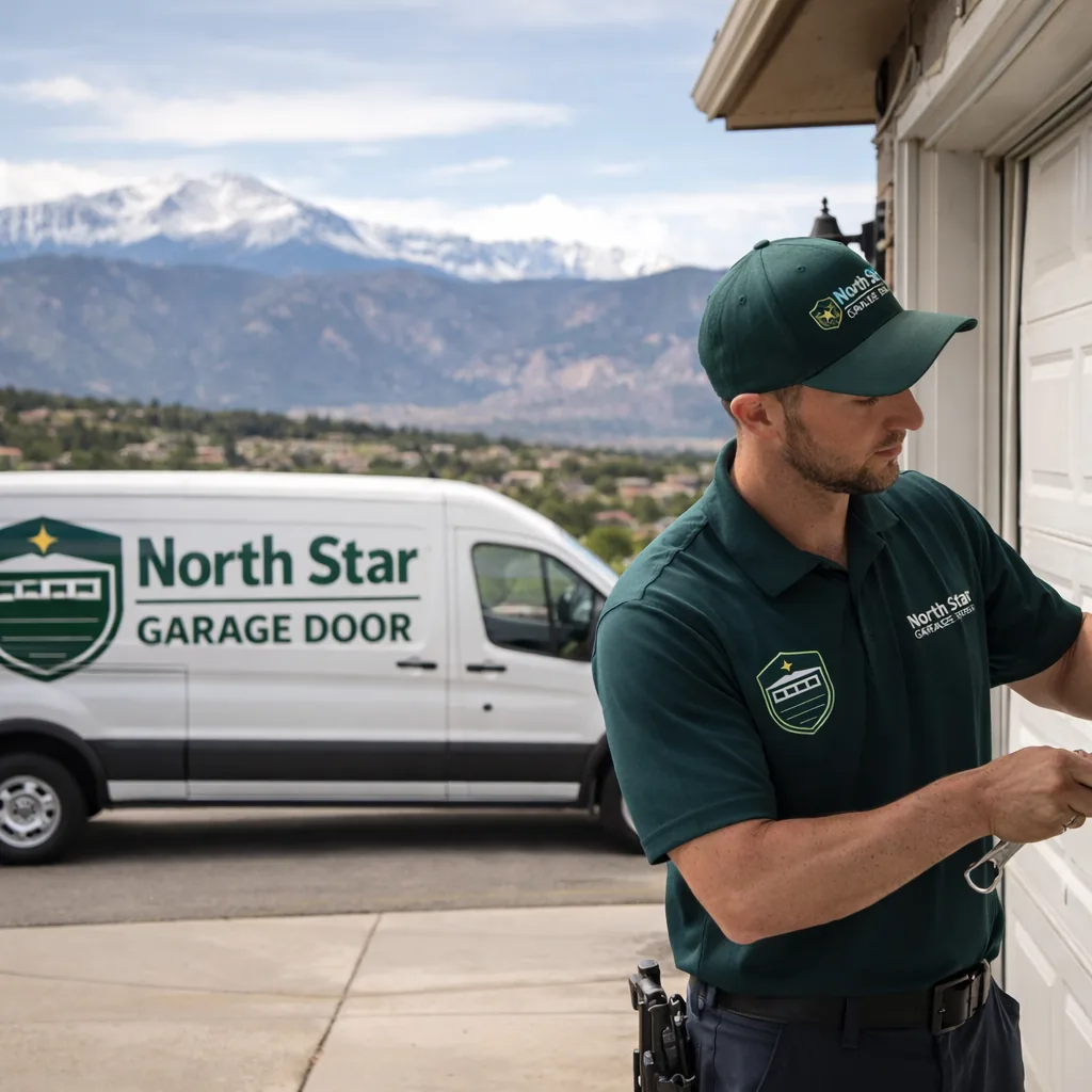 A North Star technician in a branded uniform repairing a residential sectional steel garage door on a Colorado Springs driveway, Pikes Peak visible in the background.