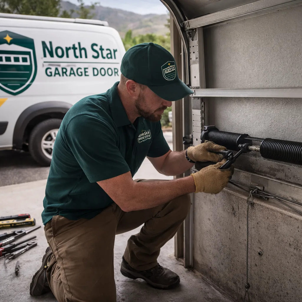 A North Star technician kneeling beside an open residential garage door in a Colorado Springs garage, inspecting the torsion spring and cables with tools laid out.